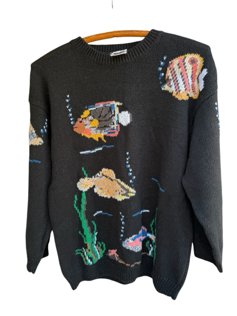 Vintage Black Pullover Sweater with Colorful Tropical Fish & Coral Knit